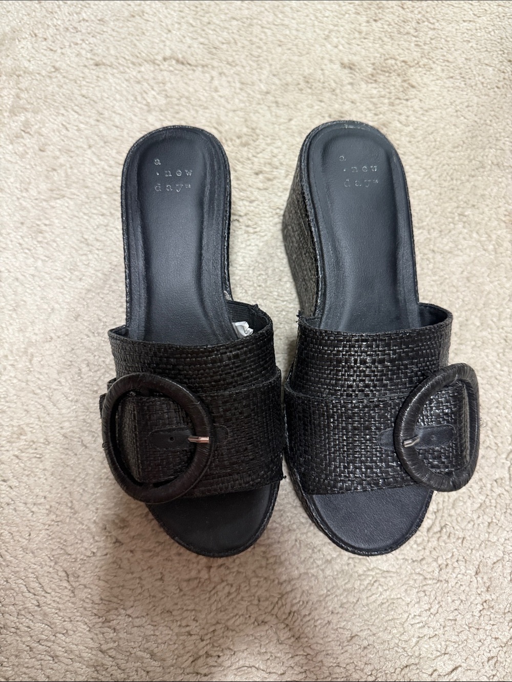 a new day Black Woven Slide Mules with Round Buckle